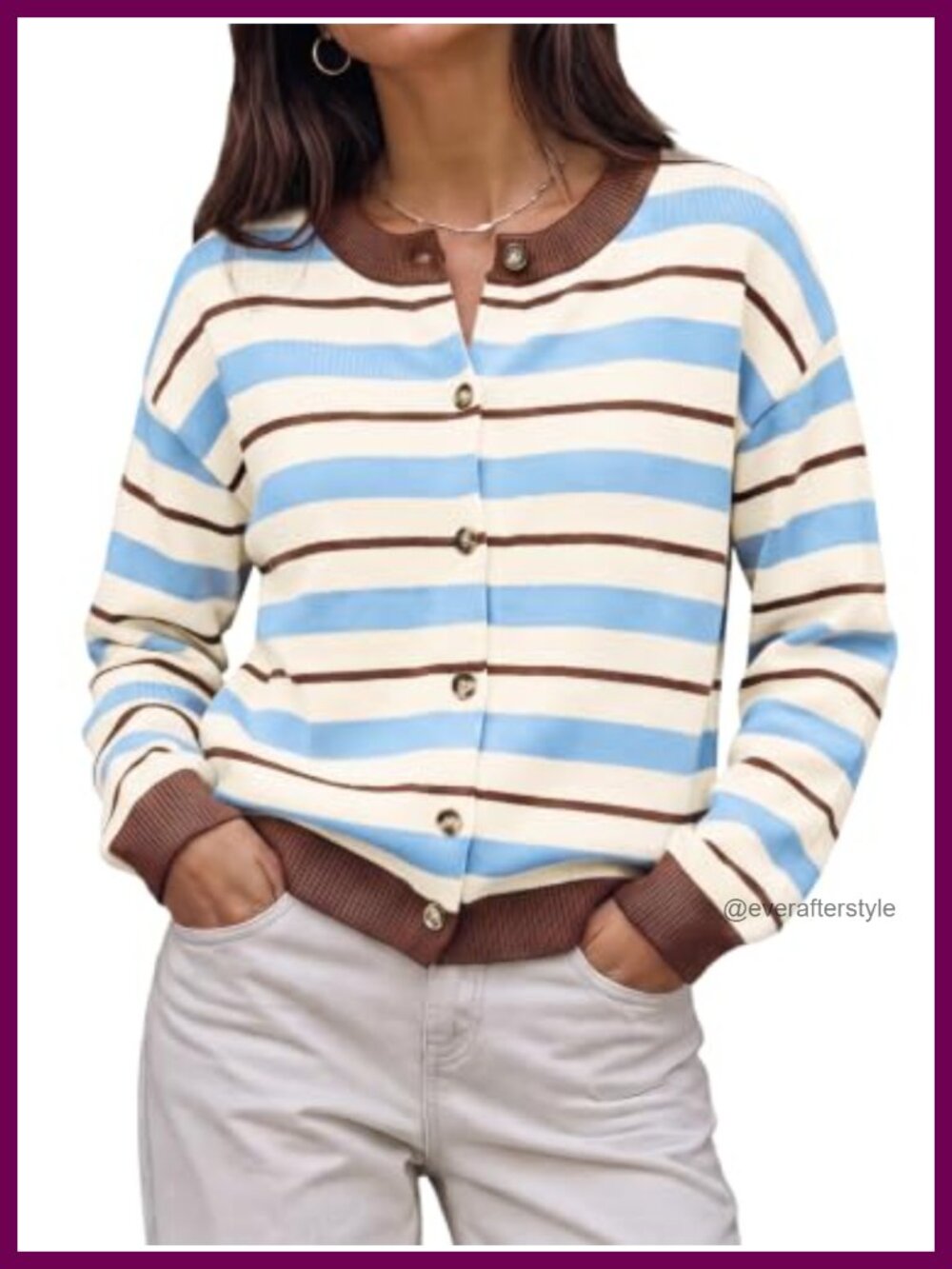 Women's Striped Knit Cardigan Crew Neck Button Front Sweater